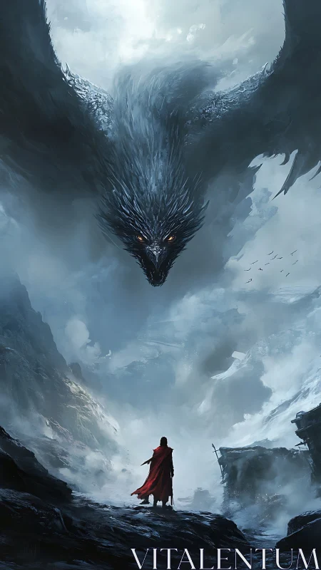 Lone warrior confronts massive storm dragon in ravine