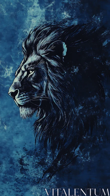 Midnight lion profile carved from stormy sapphire shadows.