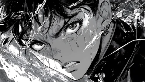 Intense manga portrait rendered with dynamic inked water effects