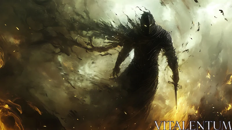 Armored wraith emerges from turbulent smoke with edge-lit blade