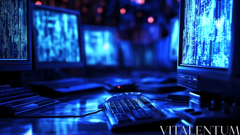 Multiple computer workstations with blue data displays.