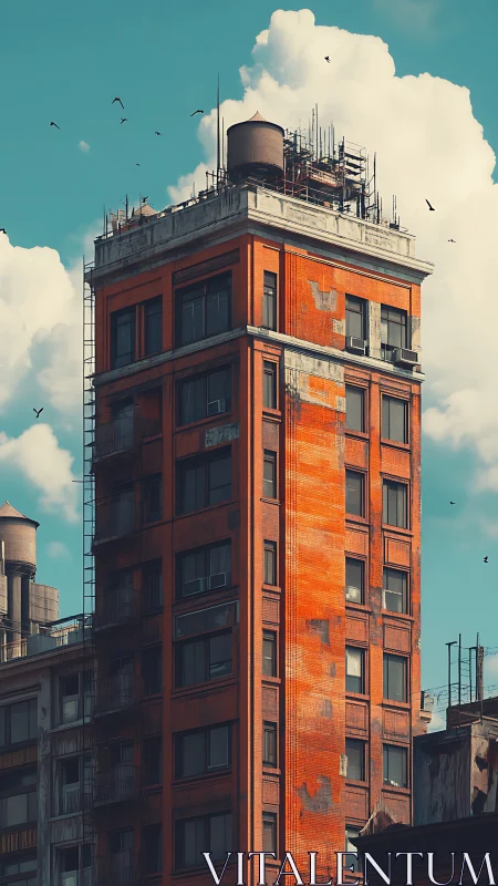 Tall weathered red brick tower under bright cloudy sky