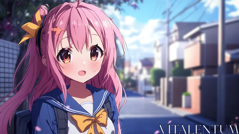 Anime schoolgirl portrait in soft urban afternoon lighting.