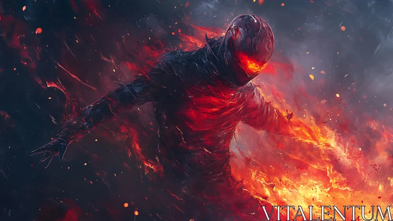 Flaming armored warrior strides through burning vortex