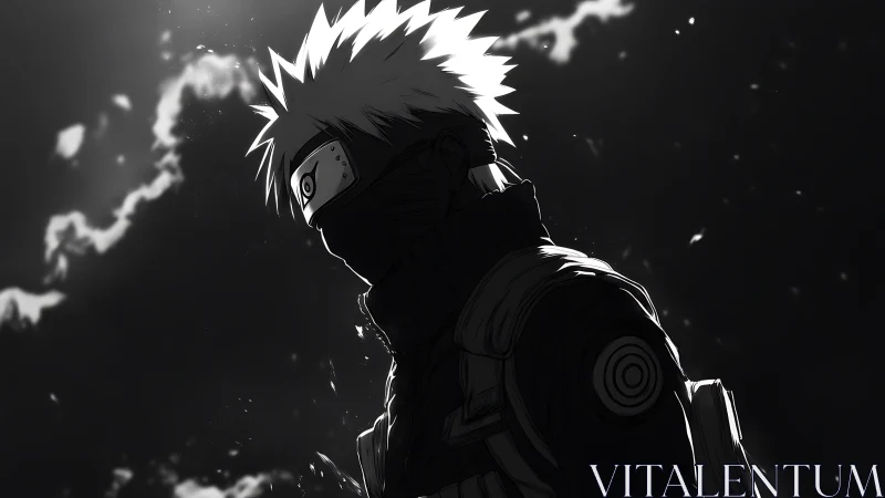 Shadow-slashed ninja sentinel framed in silver stormlight.