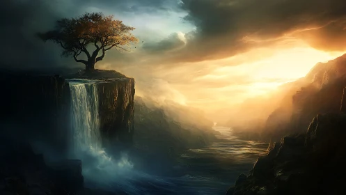 Sunlit abyss where lone cliffside tree guards the falls.