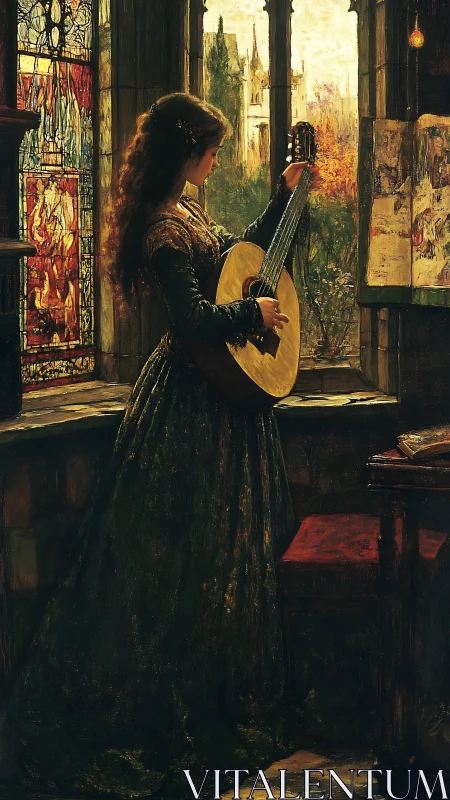 Woman plays stringed instrument beside stained glass window