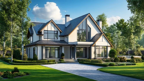 Modern country villa stands in landscaped summer garden