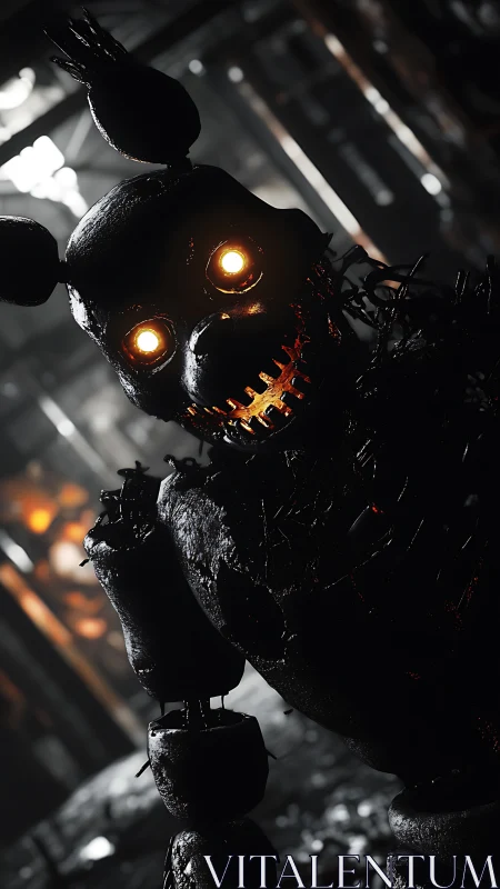 Rusted rabbit automaton leans in with a scorching stare