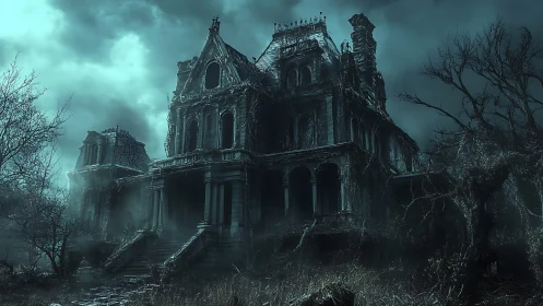 Moonlit ruin where the haunted manor exhales cold secrets.