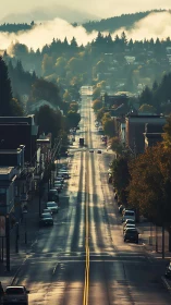 Long wet roadway through small town toward forested hills.