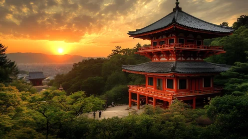 Japanese pagoda at sunset above forested hillside cityscape.