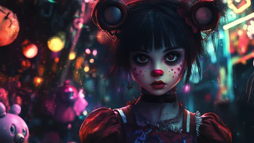 Neon-lit doll-like girl confronts the viewer in surreal city night.
