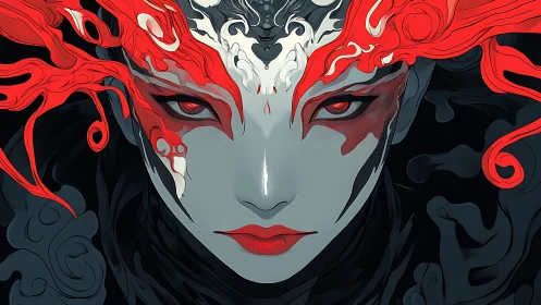 Masked elemental face emerges with blazing red tendrils