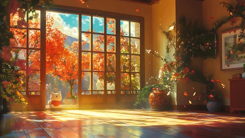 Interior space observes autumn garden through large windows