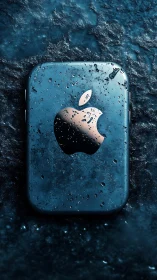 Apple Device Submerged in Blue Textured Environment with Water Droplets