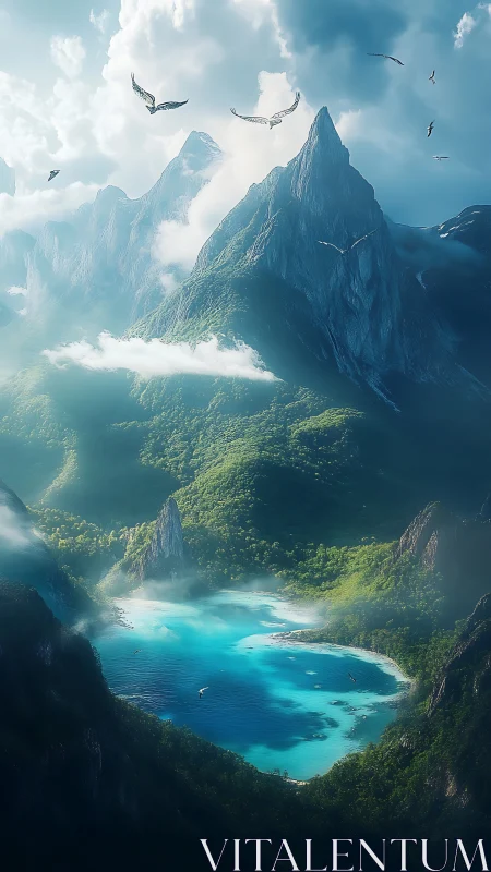 Sky-tall emerald peaks guarding a secret turquoise dream bay.