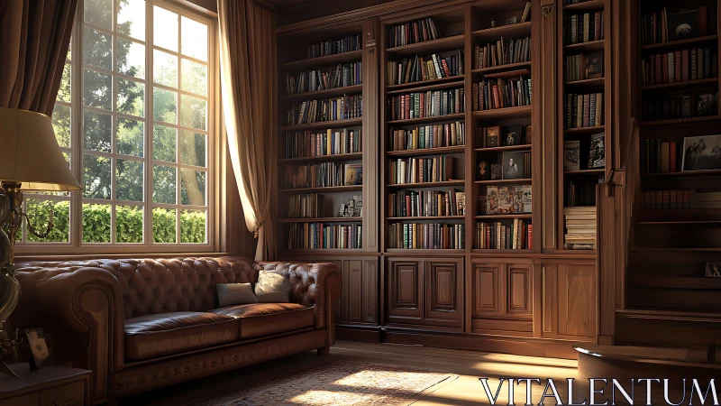 Classic wood library interior with sofa and window light.