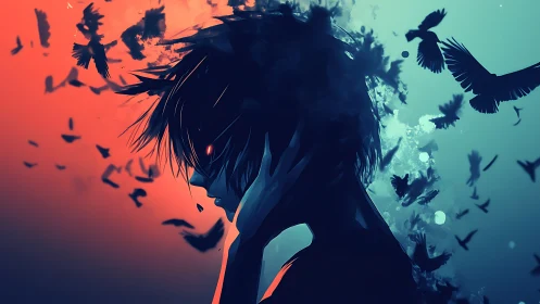 Midnight thoughts unravel as birds shred the painted sky