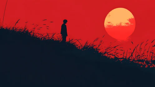Solitary dreamer gazes toward a bold, blazing red sunset