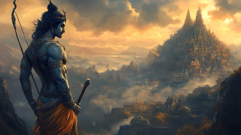 Warrior with bow overlooking vast golden mountain city at dusk.