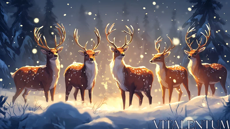 Gentle winter deer glow together in a softly lit forest