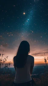 Quiet hillside stargazer under a river of glowing stars.