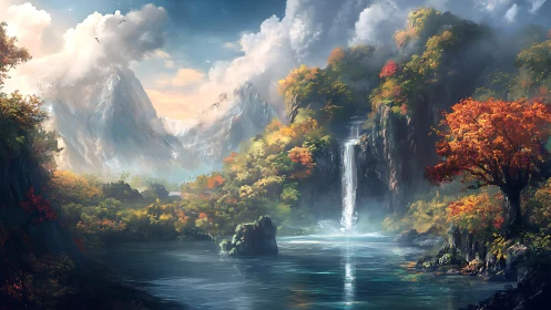 Colorful mountain lake with waterfall in bright daylight.