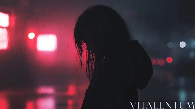 Neon rain silhouette portrait in cinematic cyberpunk frame.