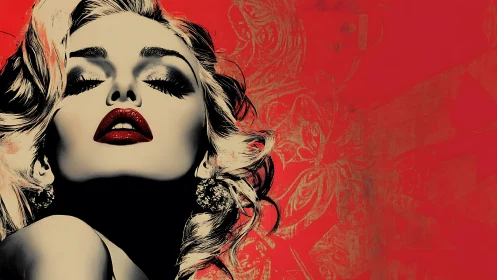 Stylized female portrait rendered against flat red ground