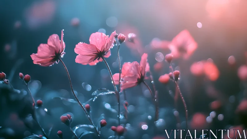 Pink Cosmos Flowers Glistening in Dewy Morning Light