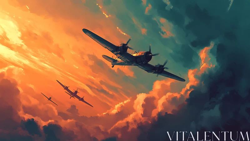 Sunset bombers cutting through dramatic stormlit clouds.