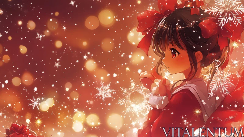 Anime girl in red amid glowing snowflake bokeh field.