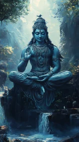 Blue meditative deity levitates over waterfalls in misty ravine