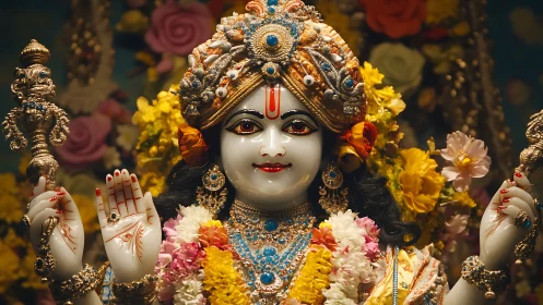 Hindu deity statue in ornate jewelry and flower garlands.
