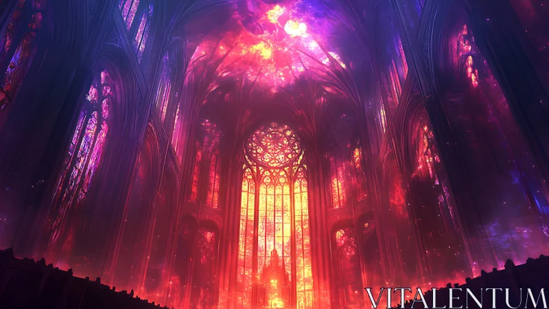 Cathedral interior glows with vivid cosmic stained light