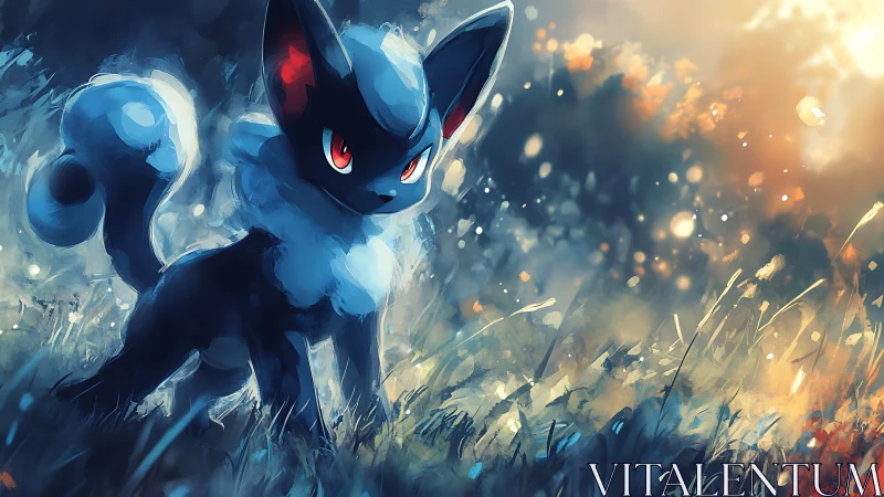 Mystical blue fox stands in glowing twilight meadow haze