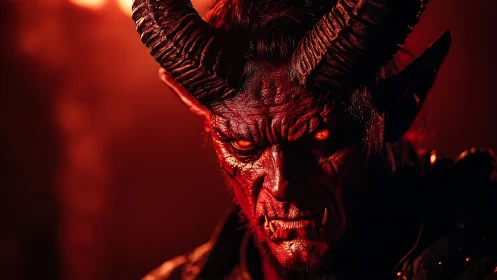 Intense red demon portrait with horns and glowing eyes.