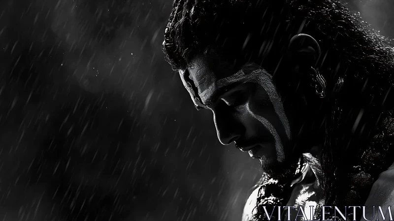 Monochrome side-profile portrait in dramatic rain chiaroscuro.