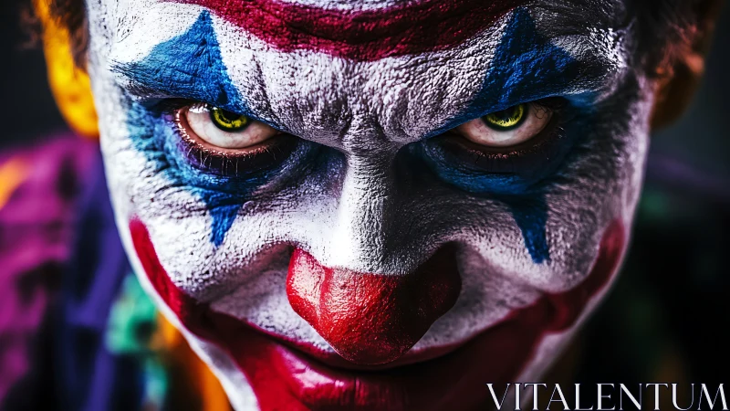 Sinister clown portrait with intense neon carnival glare.