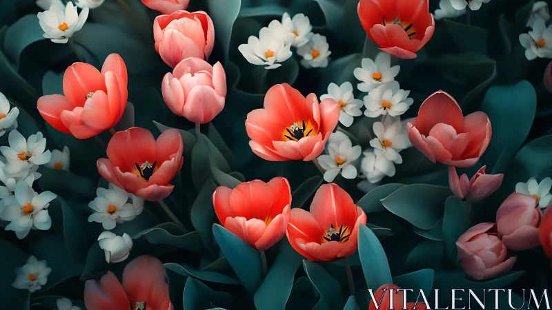 Coral Tulips Dance with Pearlescent Petals Across Teal Garden.