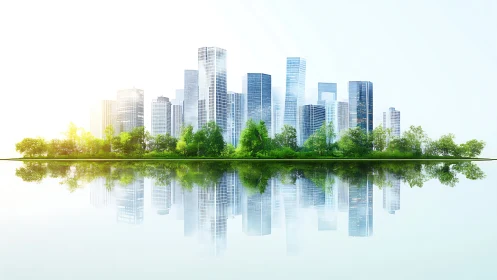 Urban skyline aligns behind tree belt with mirrored reflection