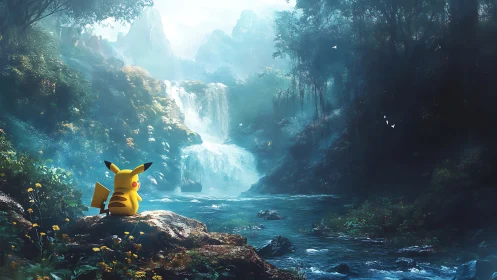 Pikachu rests by a misty waterfall in a peaceful forest.