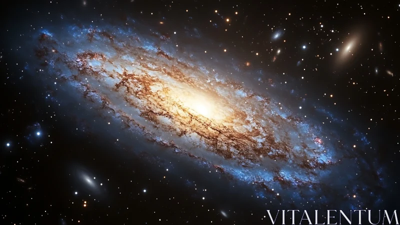 Spiral galaxy is rendered with central bulge and dust lanes