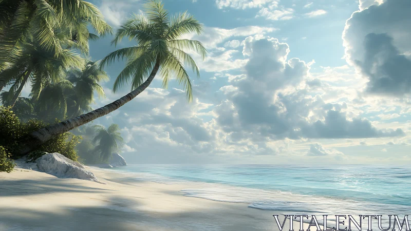 Tropical Shoreline: Curved Palm Against Cumulus Sky and Turquoise Waters.