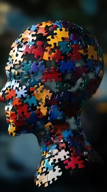 Human head silhouette is constructed from interlocking puzzle pieces