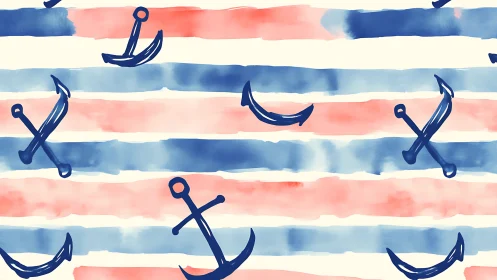 Playful navy anchors drifting on watercolor sailor stripes.