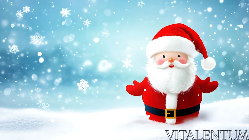Cartoon Santa Claus stands in snowy landscape with snowflakes