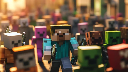 Blocky game character runs through dense pixel crowd scene