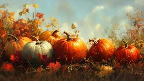 Row of pumpkins rests in dense autumn foliage under sky